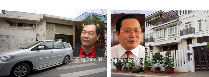 Cơ quan công an khám xét nhà của ông Trầm Bê tại P.6, Q.6 (trái) và nhà của ông Phan Huy Khang tại Phước Kiển, Nhà Bè (TP.HCM).