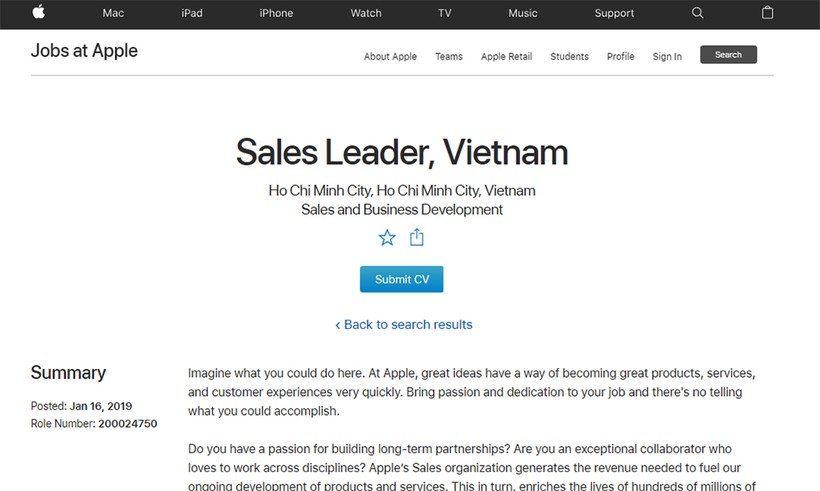 Thông tin Apple tuyển dụng vị trí Sales Leader tại Việt Nam (ảnh: website Apple)