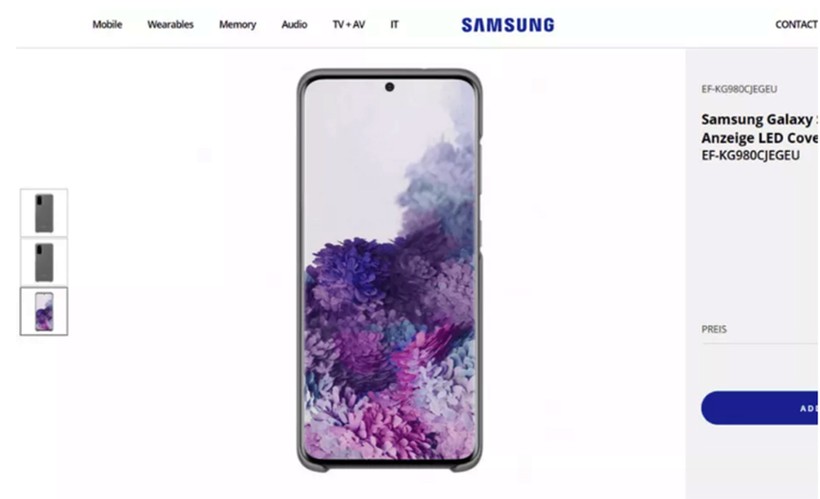 Hình ảnh Galaxy S20 trên website bán hàng của Samsung tại châu Âu