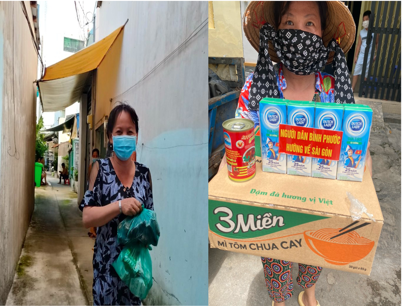 Người dân quận Bình Tân (TP Hồ Chí Minh) vui vẻ khi nhận những món quà nhỏ từ người dân Bình Phước