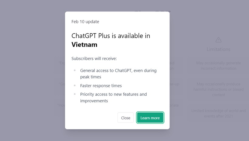 Người dùng Việt Nam khi truy cập vào trang ChatGPT được thông báo dịch vụ Plus đã sẵn sàng
