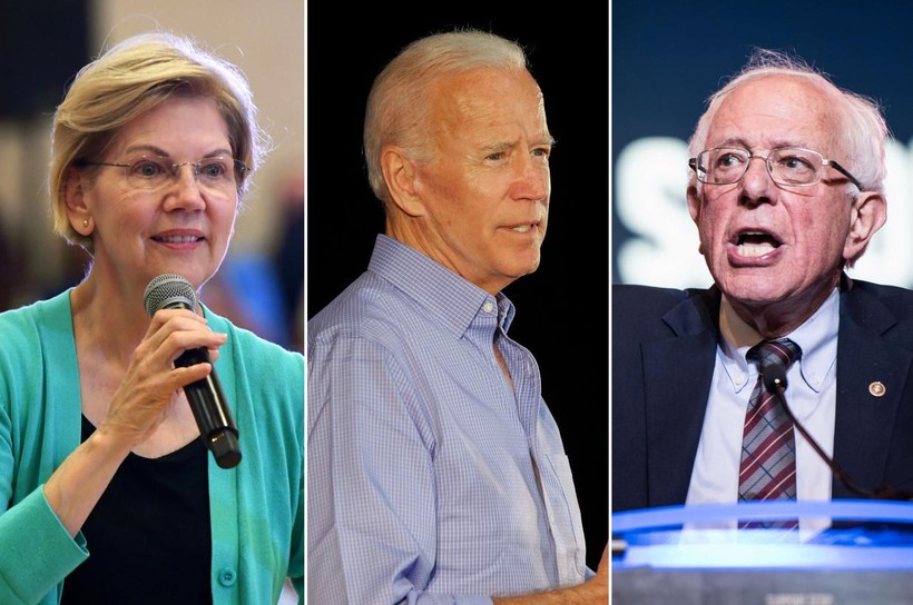 3 ứng cử viên hàng đầu của Đảng Dân chủ tranh cử tổng thống 2020: Elizabeth Warren, Joe Biden và Bernie Sanders. Ảnh: NYPost