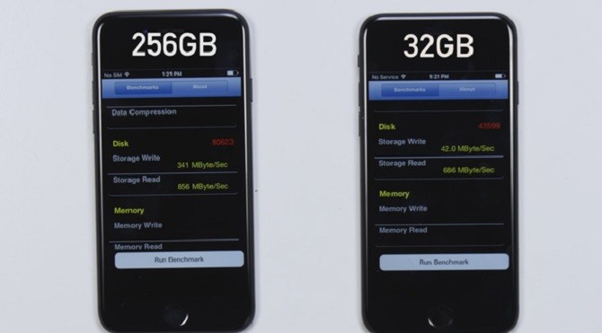 iPhone 7 32 GB có tốc độ lưu trữ chậm hơn nhiều so với phiên bản 256 GB 