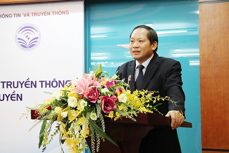 Bộ trưởng Trương Minh Tuấn phát biểu tại Lễ ký kết Biên bản thỏa thuận hợp tác giữa Bộ TT&TT và Học viện Báo chí và Tuyên truyền.