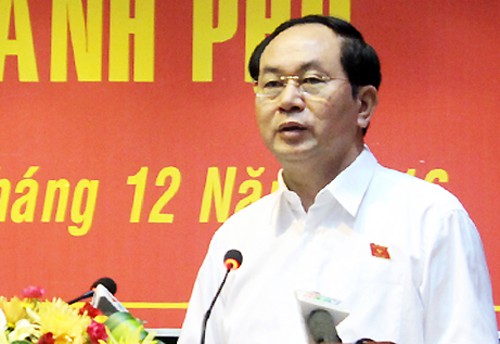 Chủ tịch nước Trần Đại Quang nói chuyện với cử tri lực lượng vũ trang trên địa bàn TP HCM. Ảnh: T.H