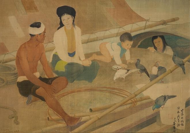 Bức Le Pécheur et Sa Famille (Gia đình ngư dân, lụa, 67cm x 110cm, 1940) của Lương Xuân Nhị bán hơn 13,8 tỷ đồng. 