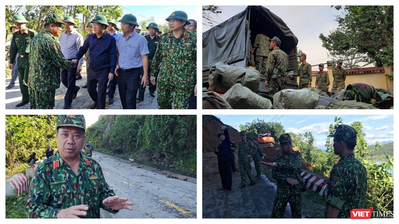 Lực lượng quân đội mở đường vào cứu nạn 53 người bị vùi lấp ở Trà Leng (Ảnh: Hoà Bình ghép)