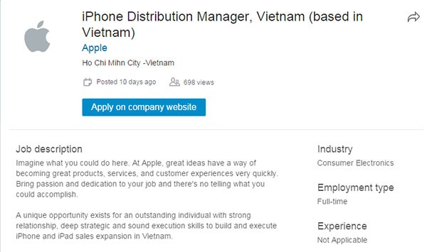 Apple đăng tin tuyển Giám đốc phân phối iPhone tại Việt Nam