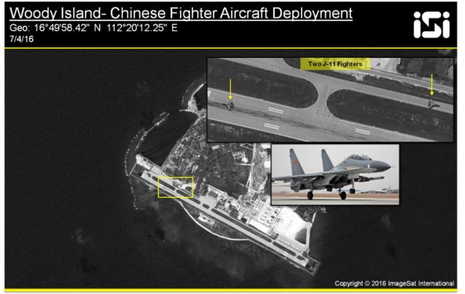 Hình ảnh vệ tinh của ISI cho thấy máy bay chiến đấu Shenyang J-11 của Trung Quốc xuất hiện ở đảo Phú Lâm thuộc quần đảo Hoàng Sa của Việt Nam - Ảnh:ISI