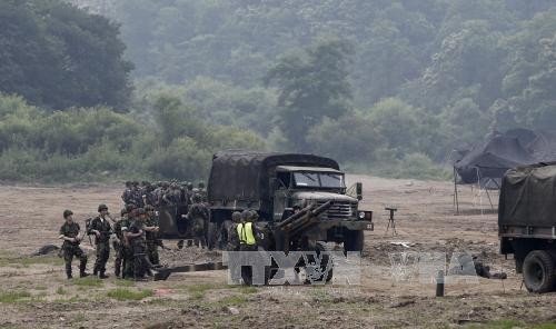 Binh sỹ Hàn Quốc tham gia cuộc tập trận gần Khu vực phi quân sự (DMZ) ở Paju, tỉnh Gyeonggi (Hàn Quốc) ngày 22/6. Ảnh: EPA/TTXVN