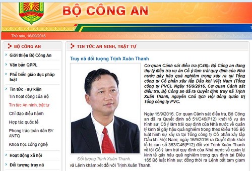 Thông tin truy nã Trịnh Xuân Thanh trên website Bộ Công an.