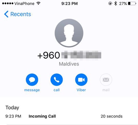Một cuộc gọi quốc tế lừa đảo đến khách hàng sử dụng mạng VinaPhone (ảnh Internet)