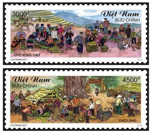 Hai trong 3 mẫu của bộ tem “Chợ quê Việt Nam”