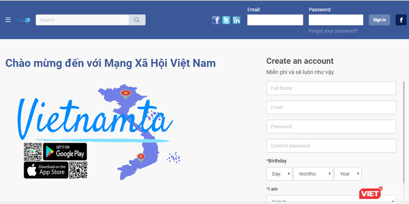 Trang mạng Vietnamta có giao diện đăng kí, đăng nhập tương đối giống mạng xã hội Facebook.