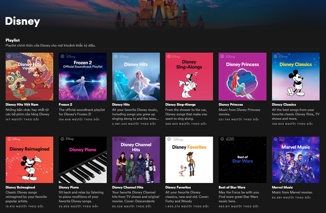 Người sử dụng Spotify có thể chọn cho mình những giai điệu vui tươi tràn ngập không khí mùa lễ hội. Ảnh chụp màn hình giao diện Disney Hub.