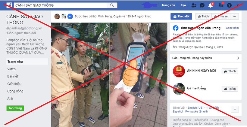 Một fanpage trên Facebook sử dụng tên và phù hiệu của lực lượng CSGT. Ảnh chụp màn hình: A.L.