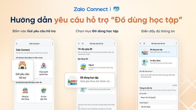 Gửi yêu cầu hỗ trợ “Đồ dùng học tập” qua Zalo Connect