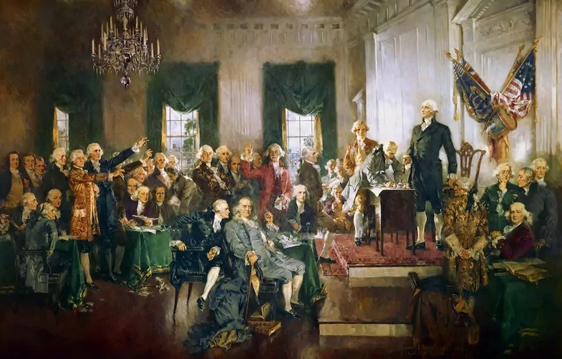 Bức tranh “Cảnh tại lễ ký Hiến pháp nước Mỹ” của Howard Chandler Christy (Ảnh: Washington Post)