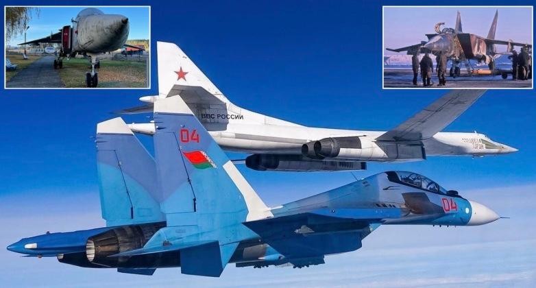 Su-30SM của Belarus hộ tống máy bay ném bom Tu-160 của Nga, cùng hình ảnh Su-24 và MiG-25BM (Ảnh: MW)