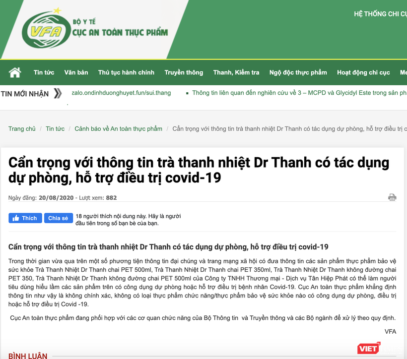 Khuyến cáo của Cục An toàn thực phẩm về thông tin trà thanh nhiệt Dr Thanh có tác dụng dự phòng, hỗ trợ điều trị COVID-19 (Ảnh: Minh Thúy) 
