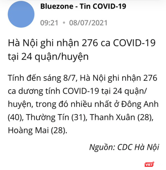 Thông tin Hà Nội ghi nhận 276 ca mắc COVID-19 tại 24 quận, huyện được thông báo trên ứng dụng Bluezone (Ảnh - VT) 