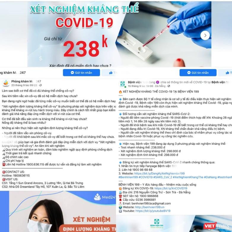 Hàng loạt trang Faacebook của các phòng khám, bệnh viện quảng cáo xét nghiệm kháng thể COVID-19 (Ảnh - MT) 