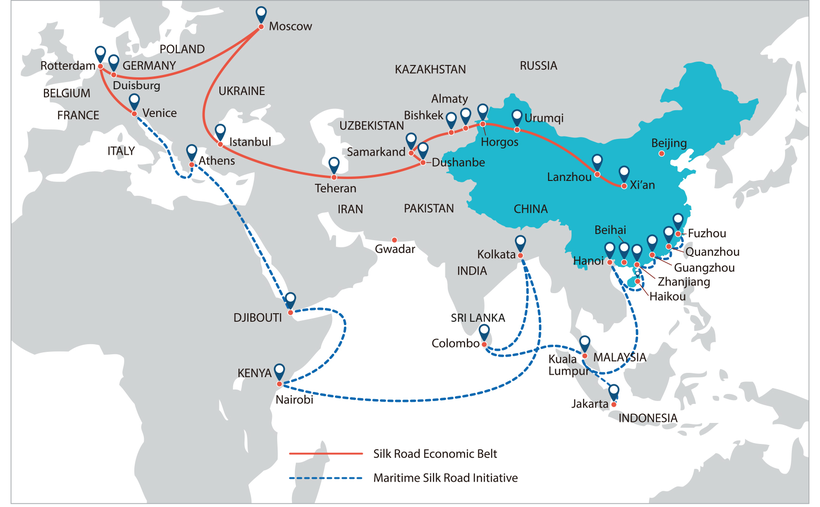 Bản đồ sáng kiến "vành đai - con đường" của Trung Quốc.
