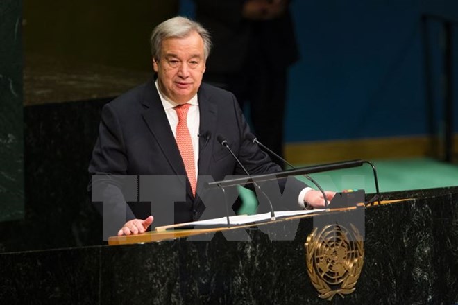 Ông Antonio Guterres phát biểu tại lễ tuyên thệ nhậm chức tân Tổng thư ký Liên hợp quốc ở New York ngày 12/12. (Nguồn: AFP/TTXVN)
