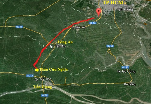 Cao tốc Trung Lương - Mỹ Thuận sẽ kết nối với cao tốc TP HCM - Trung Lương (đường màu đỏ) tại nút giao Thân Cửu Nghĩa (chấm vàng)