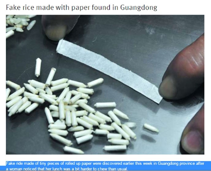 Gạo giấy vừa được phát hiện ở Quảng Đông - Ảnh chụp màn hình trang tin Shanghaiist