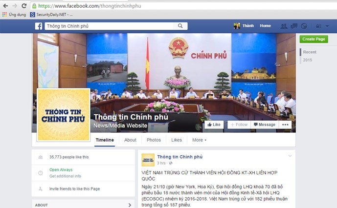 Một ngày ra mắt, đã có hơn 35.000 người 'thích' trang thông tin Chính phủ trên Facebook