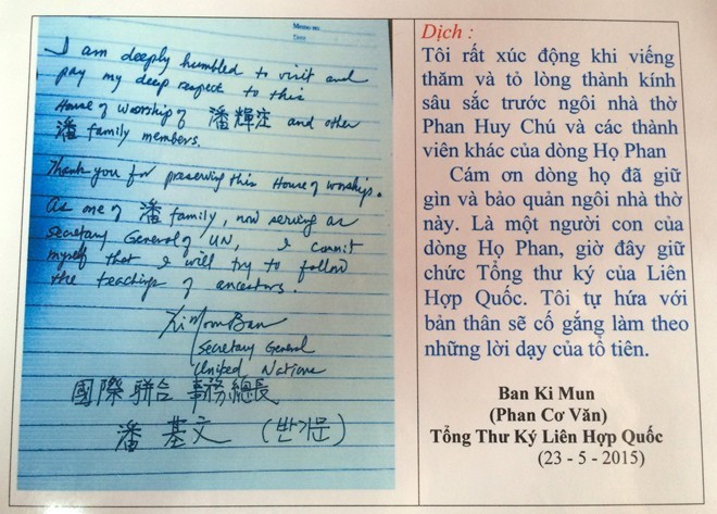 Lưu bút của ông Ban Ki-moon ở nhà thờ họ Phan Huy. 
