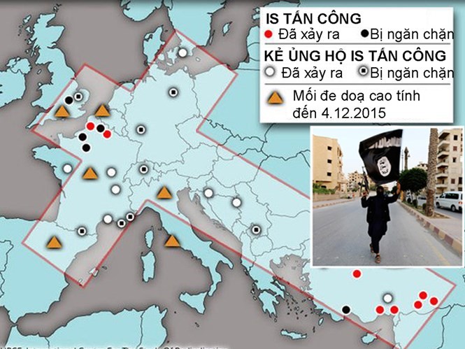 Bản đồ các địa điểm tại châu Âu đã bị tổ chức Nhà nước Hồi giáo (IS) tấn công hoặc lên kế hoạch khủng bố nhưng thất bại từ tháng 1.2014 - 12.2015 - Đồ hoạ: ISW/Express