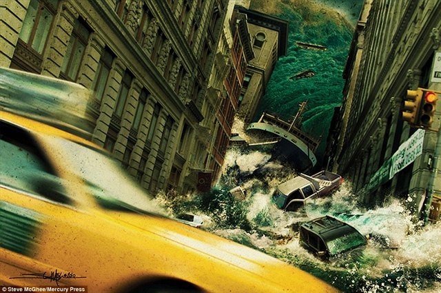 Một cơn lũ quét ngang con phố hẹp ở thành phố New York. Trong làn nước xiết là những chiếc ô tô.