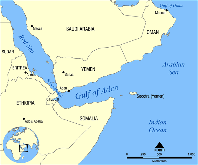 Vị trí chiến lược của Djibouti (nằm giữa Eritrea và Somalia) trong khu vực Vịnh Aden và Đông Bắc Phi. Ảnh:  Wikipedia
