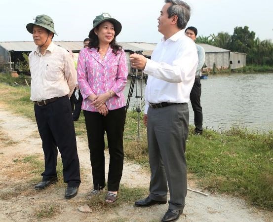Thống đốc Nguyễn Văn Bình cùng lãnh đạo tỉnh An Giang khảo sát thực tế nuôi cá tra tại hộ dân. (Nguồn: Ngân hàng Nhà nước)