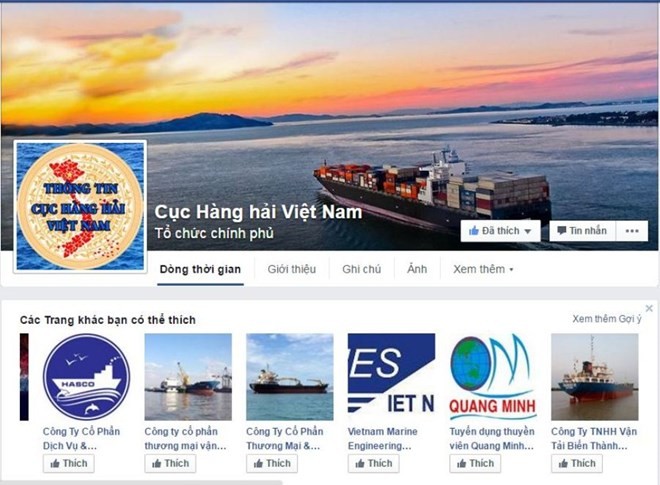 Trang Facebook Cục Hàng hải Việt Nam và phần mềm ứng dụng phổ biến thông tin hàng hải trên thiết bị thông tin di động. (Ảnh: Việt Hùng/Vietnam+)