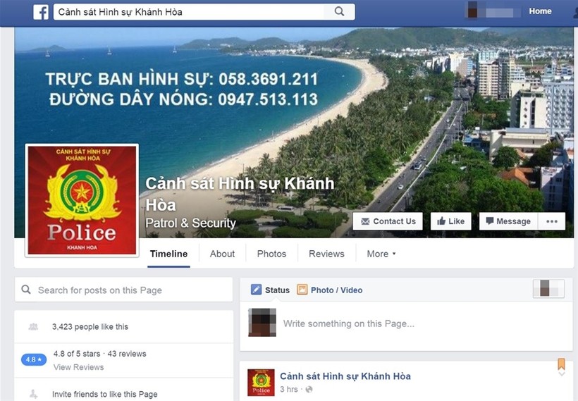 Giao diện trang Facebook Cảnh sát Hình sự Khánh Hòa.