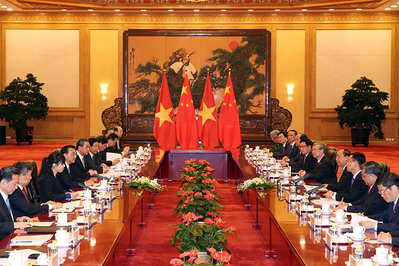 Hội đàm giữa hai đoàn cấp cao Việt Nam - Trung Quốc. Ảnh: VGP