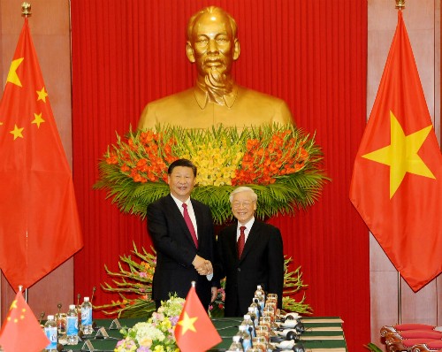 Tổng bí thư Nguyễn Phú Trọng và Tổng bí thư, Chủ tịch Trung Quốc Tập Cận Bình tại cuộc hội đàm. Ảnh: VGP.