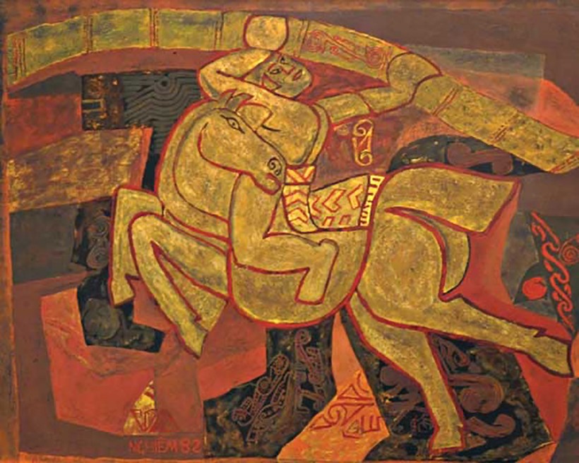 Bức tranh Gióng (1990) của tác giả Nguyễn Tư Nghiêm (1922 - 2016), chất liệu sơn mài, kích thước 90 x 120,3 cm. Ảnh: Kiều Dương