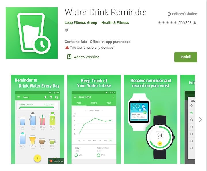 Water Drink Reminder hoàn toàn miễn phí (Ảnh: Google Play)