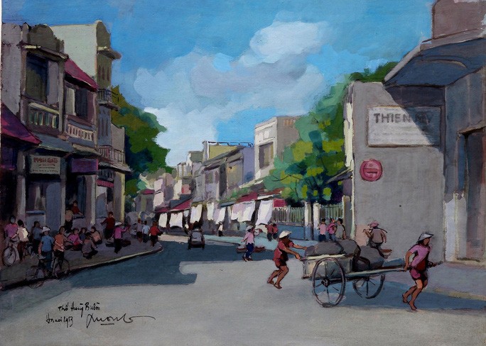 Tranh phố Hàng Buồm của họa sĩ Lê Văn Xương (Hình ảnh do nhà sưu tầm Lê Y Lan cung cấp)