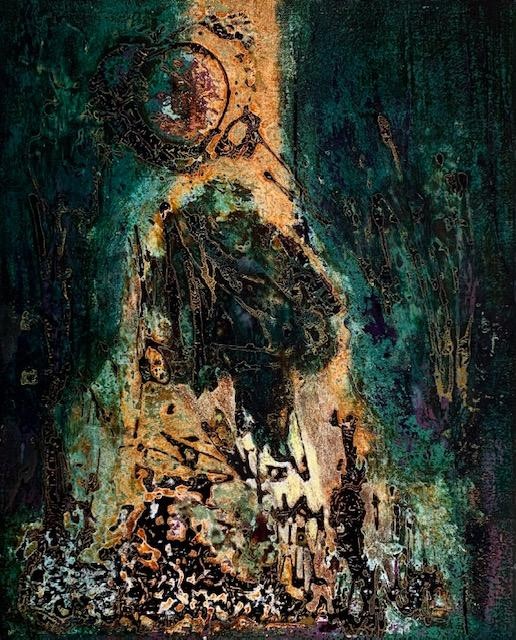 Tác phẩm “Ưu đàm nở hoa 4”, sơn mài trên toan, 76cm x 61cm, 2019
