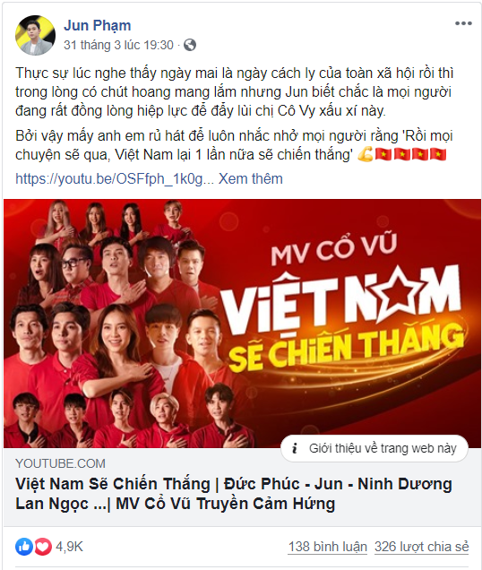 Facebook Jun Phạm cũng thu hút nhiều lượt like và comment tích cực 