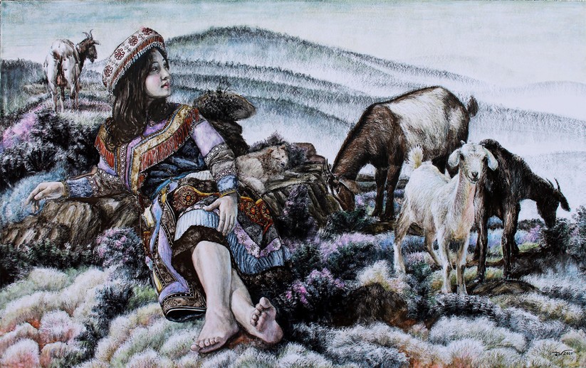 Tác phẩm Đỉnh núi mờ sương (màu nước trên giấy bồi lên toan, 100cm x 200cm, 2020) của Hoàng Văn Điểm