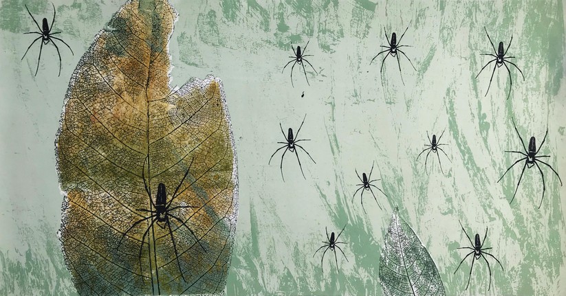 Tác phẩm Rời tổ (in lưới, 35cm x 67cm, 2020) của Bùi Ngoan